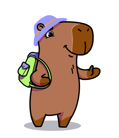 guidu, a capivara, de chapéu e mochila